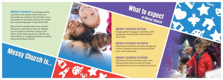 A sample of the Messy Church Brochure featuring what to expect bullet points and photos of happy children