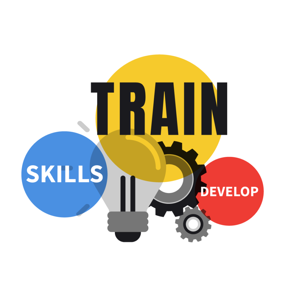 Train, Skills and Develop. There are blue, yellow and red circles with images of cogs and a lightbulb.