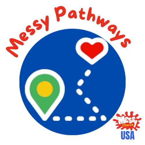 The words "Messy Pathways" curved over a blue circle. Inside the circle is a location pin with a dashed line leading to a heart.